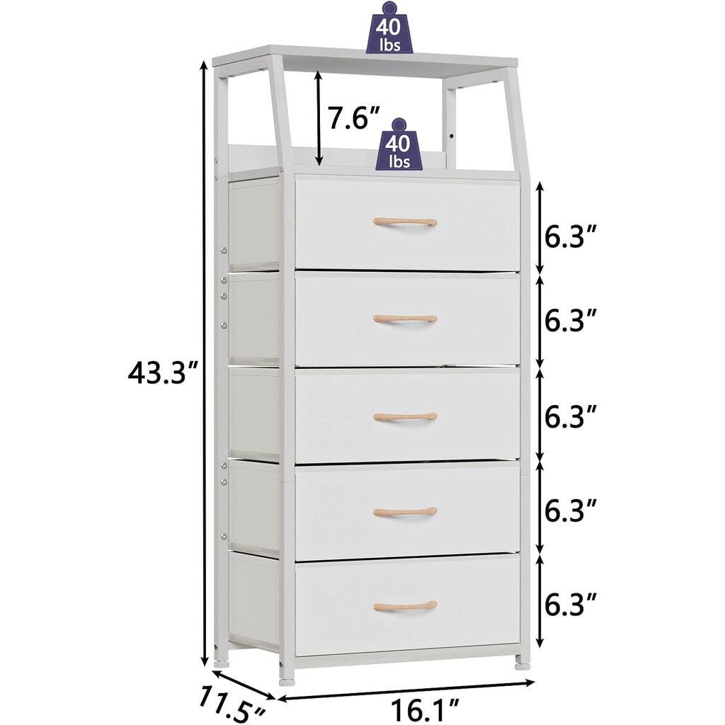 White Dresser With 5 Drawers, Vertical Storage Tower Fabric Dresser For Bedroom, Hallway, Entryway, Nursery, Closet Organizer, Nightstand Bedside Table Furniture, Sturdy Steel Frame, Wood Top