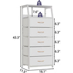 White Dresser With 5 Drawers, Vertical Storage Tower Fabric Dresser For Bedroom, Hallway, Entryway, Nursery, Closet Organizer, Nightstand Bedside Table Furniture, Sturdy Steel Frame, Wood Top