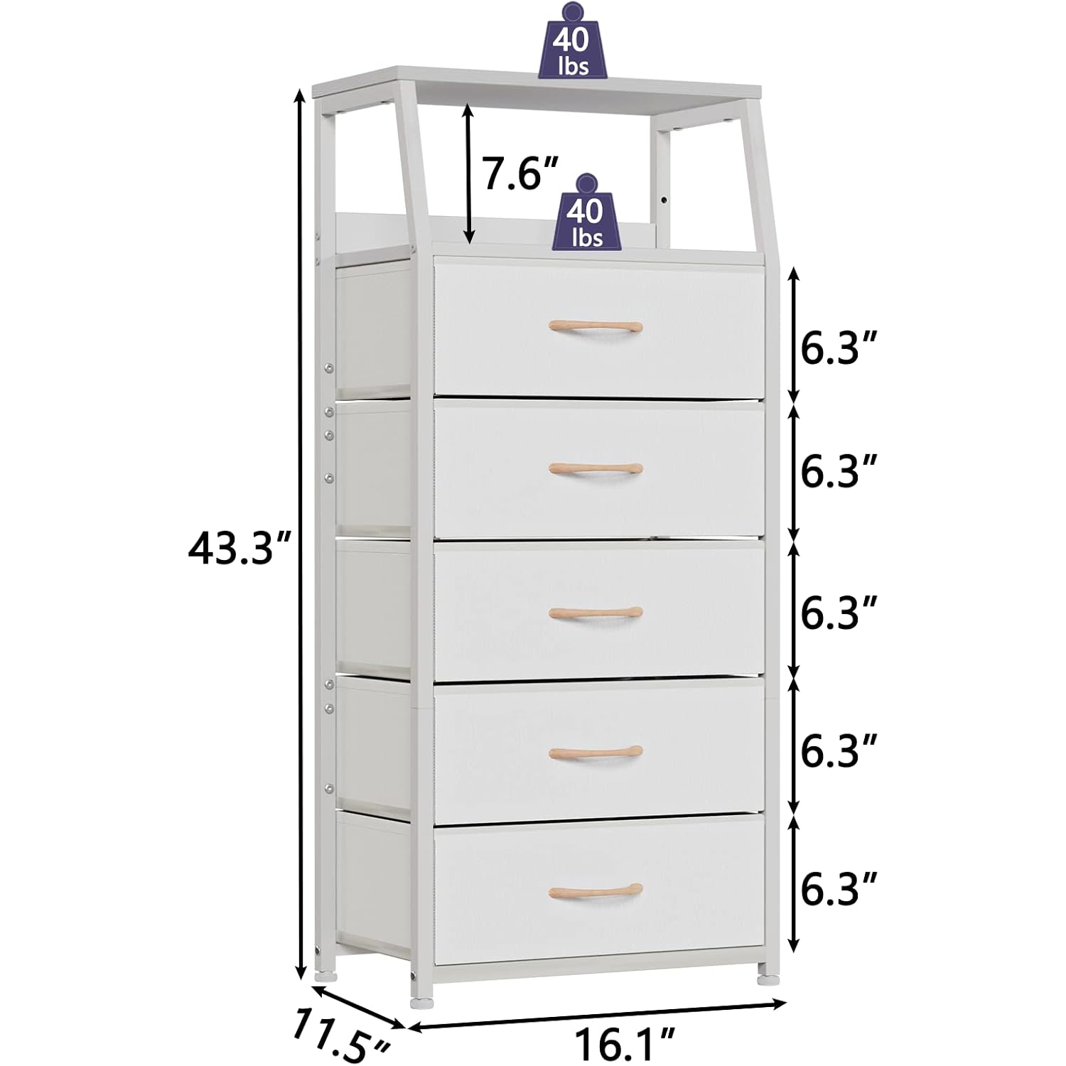 White Dresser With 5 Drawers, Vertical Storage Tower Fabric Dresser For Bedroom, Hallway, Entryway, Nursery, Closet Organizer, Nightstand Bedside Table Furniture, Sturdy Steel Frame, Wood Top