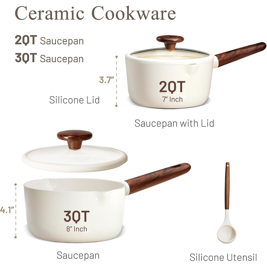Carote 2Qt & 3Qt Sauce Pan Sets With Lid & Ladle Ceramic Nonstick Pot Set Non Toxic Saucepan Small Kitchen Cooking Pots, Easy To Clean, Induction Comptable, Pfas Ptfe Free, White