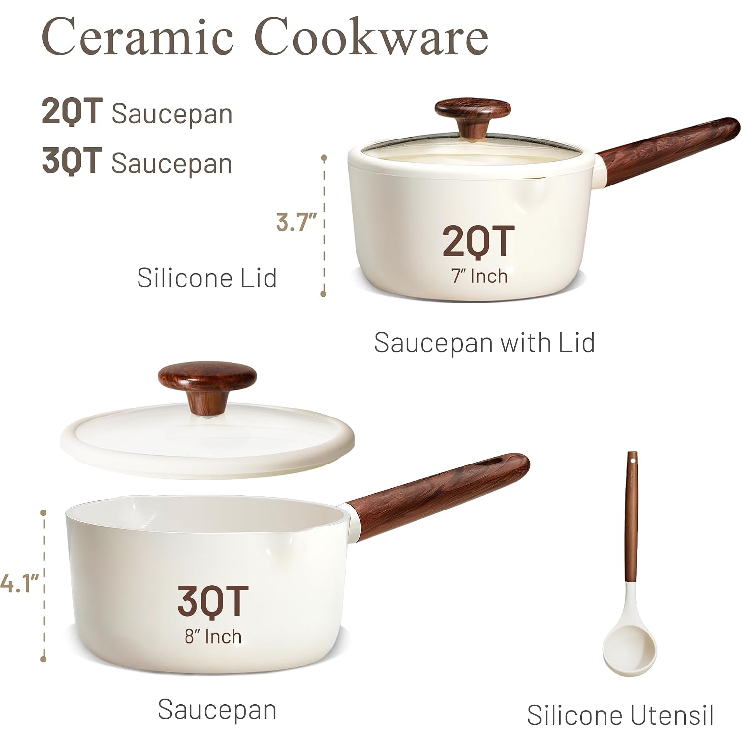 Carote 2Qt & 3Qt Sauce Pan Sets With Lid & Ladle Ceramic Nonstick Pot Set Non Toxic Saucepan Small Kitchen Cooking Pots, Easy To Clean, Induction Comptable, Pfas Ptfe Free, White