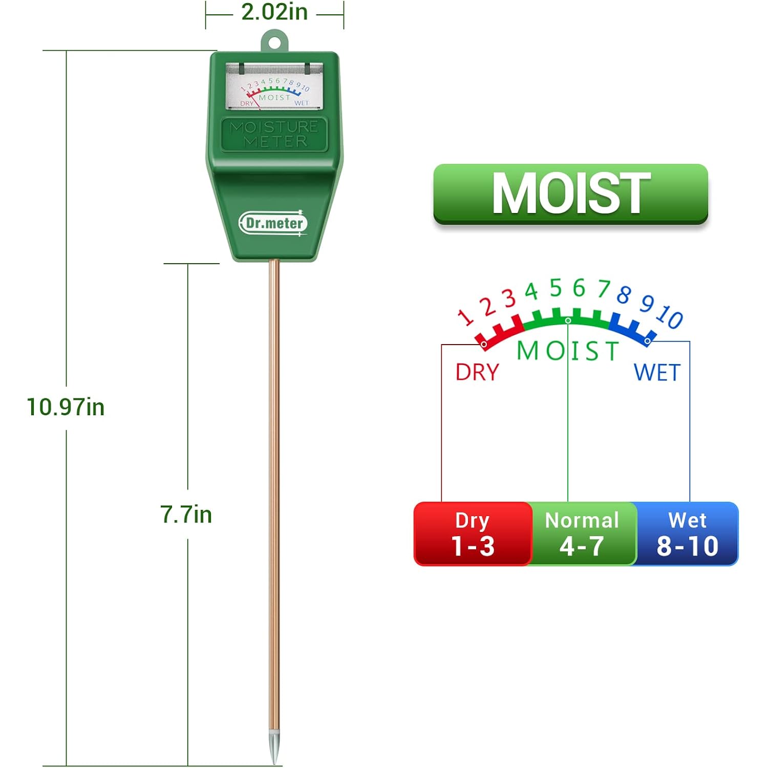 Dr.Meter Soil Moisture Meter, Plant Water Meter For Garden Lawn Farm Indoor & Outdoor Use, Soil Tester Hygrometer Sensor For House Plants, Gardening Gifts, No Battery Needed