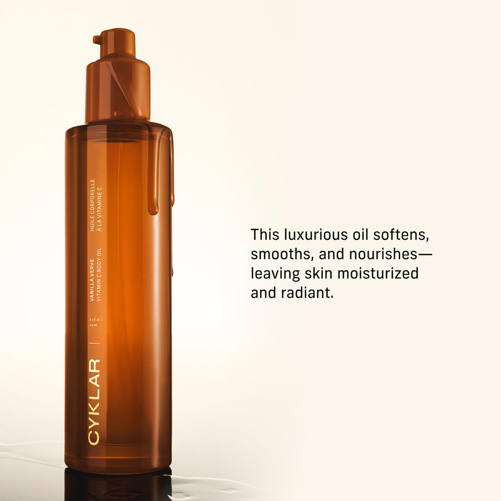 Cyklar Vitamin C Body Oil For Women And Men. Moisturizing Vanilla Verve Scented Body Serum For Glowing Skin. Nourishing, Hydrating After-Shower And Bath Skin Care Moisturizer, 4.2 Fl Oz