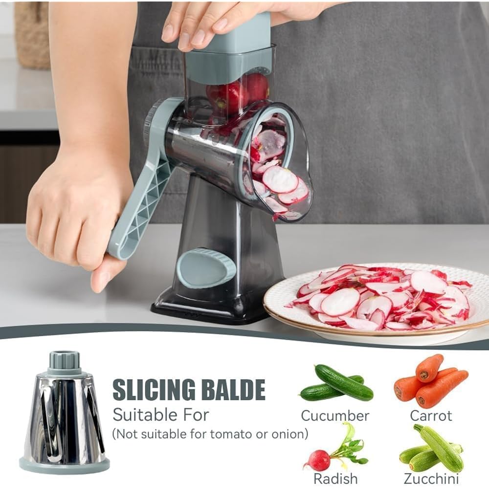 Rotary Cheese Grater Hand Crank Transparent - Shredder Slicer Grinder 3 Stainless Steel Blades, Stable Suction, Labor-Saving Handle, Safe Kitchen Tool For Cheese, Vegetable, Nuts, Chocolate