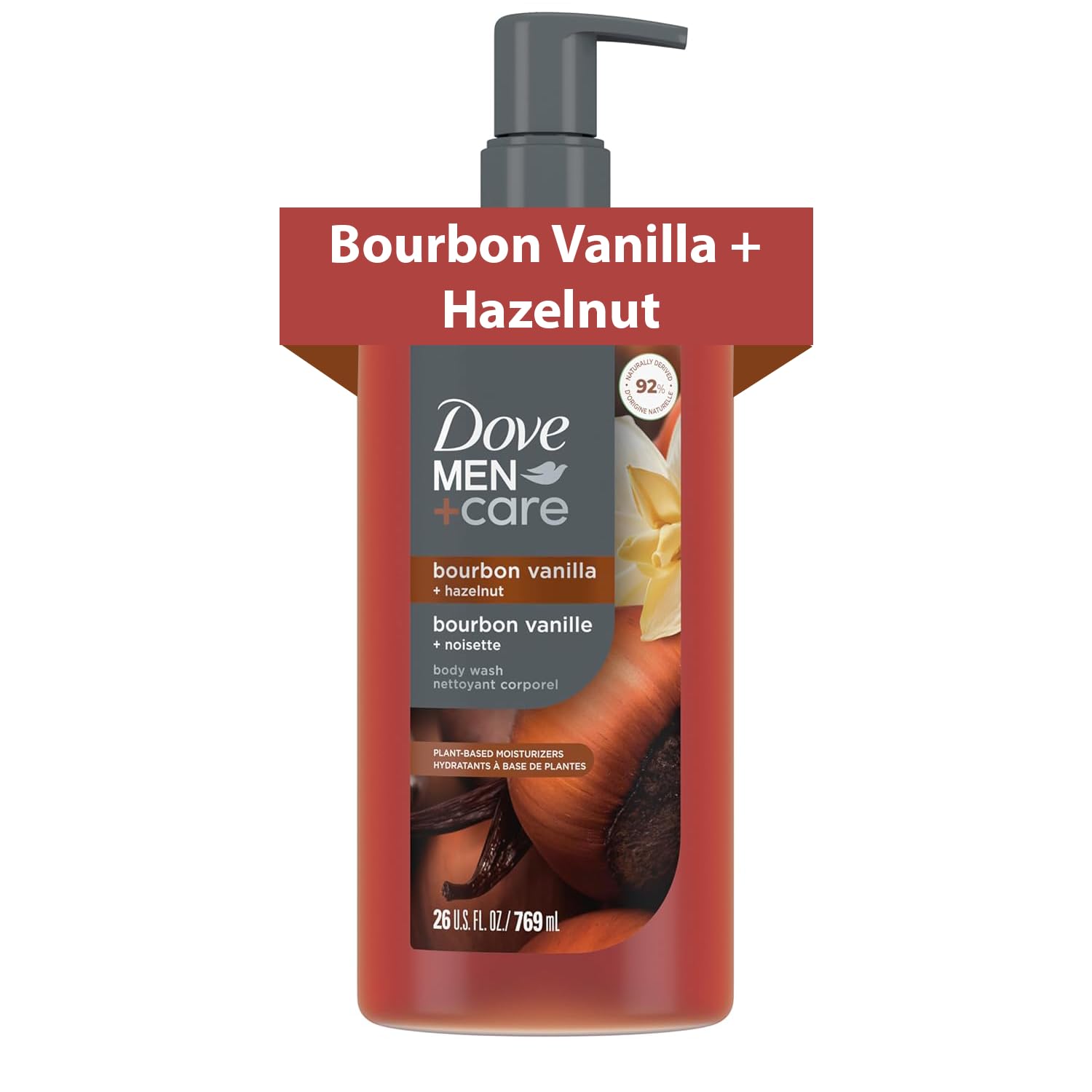 Dove Men Bourbon Vanilla + Hazelnut Moisturizing Body Wash | #1 Dermatologist Body Wash For Men, Sulfate Free, Paraben Free, & Dye Free | 26Oz