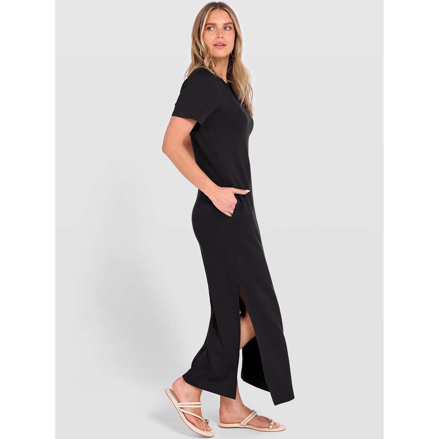 Anrabess Womens Summer Casual Maxi Dress Short Sleeve Crewneck Split Wrinkle-Free Travel Long Sundress Beach Vacation Clothes
