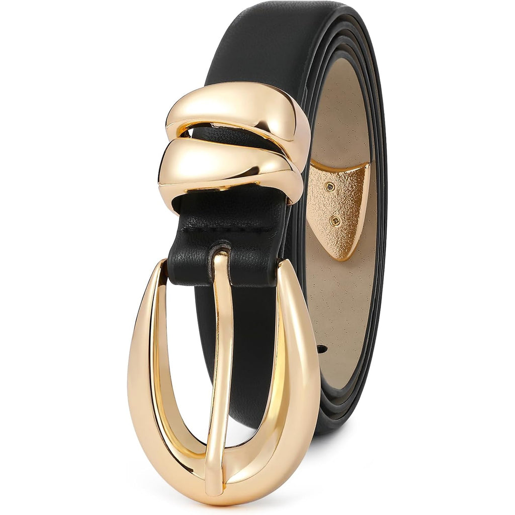 RISANTRY Leather Belt for Women Stylish Design with Gold Buckle Ladies Black Belt Perfect for Jeans Dresses