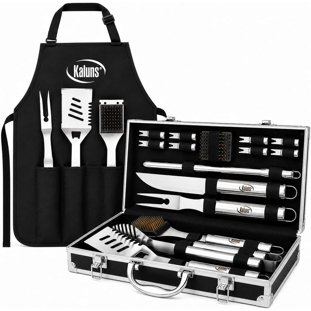 Kaluns Grilling Accessories, Dad Gifts For Fathers Day, Grilling Gifts, Heavy Duty Stainless Steel Bbq Tool Set For Outdoor Grill With Aluminum Case And Apron, Birthday Gifts For Men Women