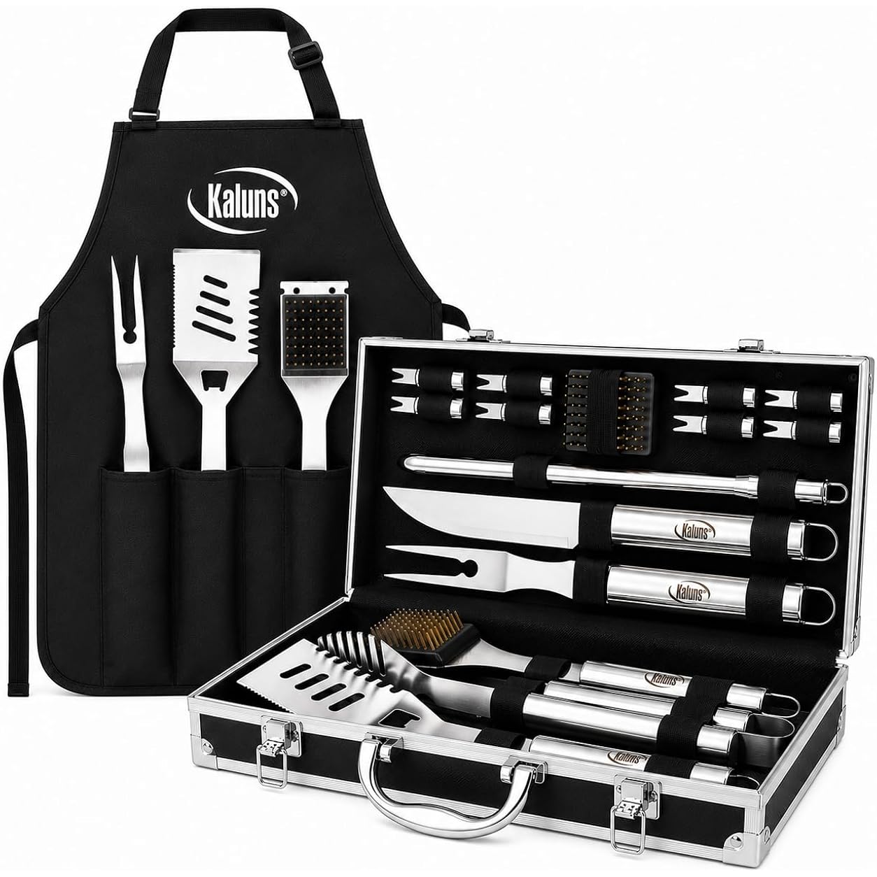 Kaluns Grilling Accessories, Dad Gifts For Fathers Day, Grilling Gifts, Heavy Duty Stainless Steel Bbq Tool Set For Outdoor Grill With Aluminum Case And Apron, Birthday Gifts For Men Women