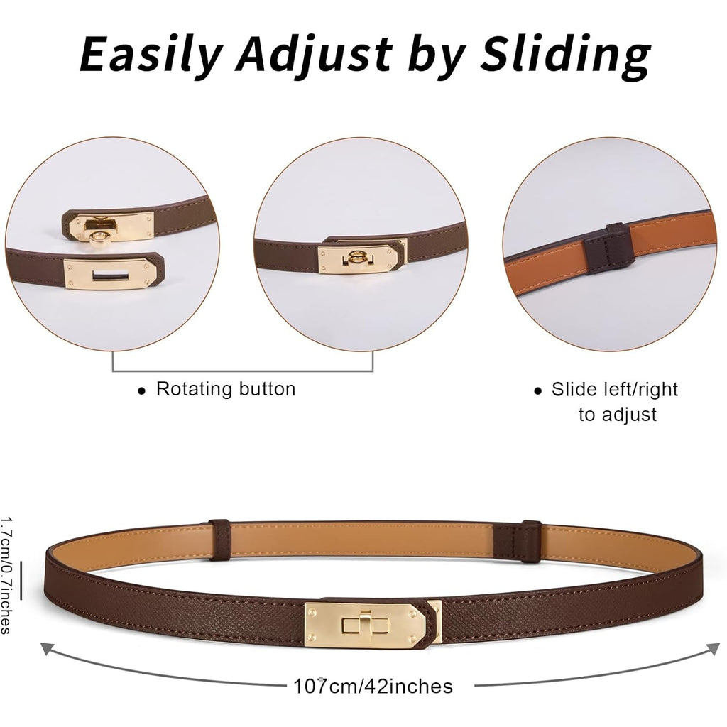 Women’s Skinny Leather Belt with Gold or Silver Turn-Lock Buckle – Adjustable Thin Belt for Dresses, Office & Wedding
