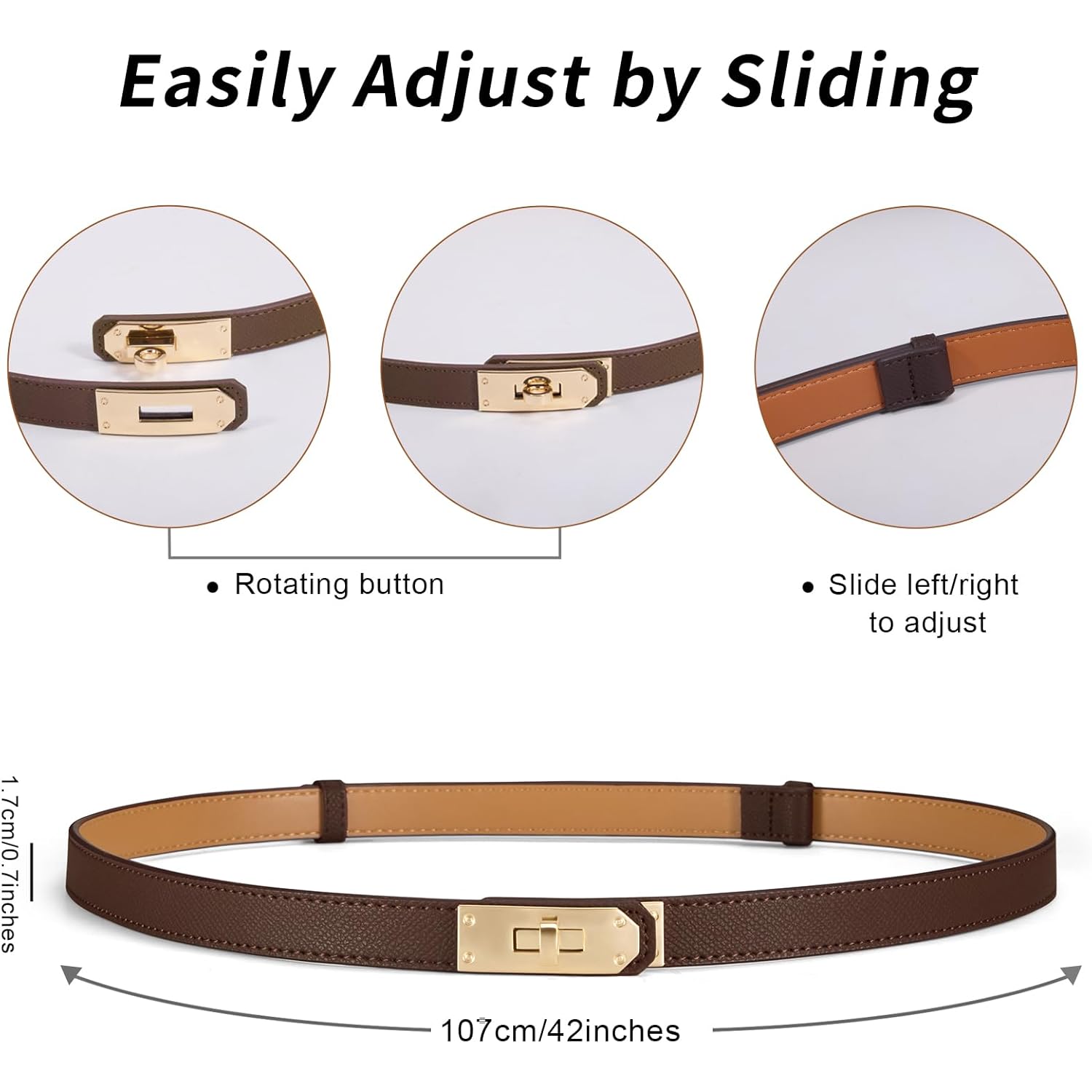 Women’s Skinny Leather Belt with Gold or Silver Turn-Lock Buckle – Adjustable Thin Belt for Dresses, Office & Wedding
