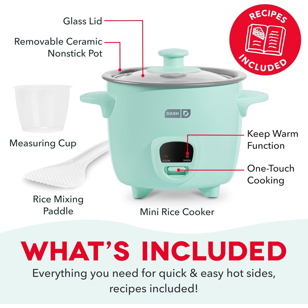 Dash Mini Rice Cooker | Small Rice Maker, 2 Cups Cooked / 1 Cup Uncooked, Ceramic Nonstick Removable Pot, Keep Warm Function, Compact And Portable For Dorm, Travel, Single Serve, Aqua