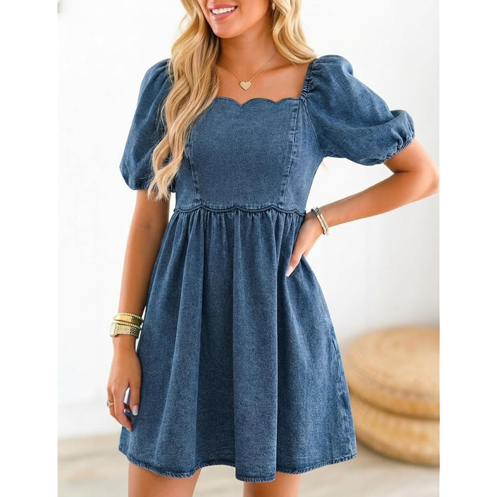 Denim Dress Babydoll Jean Square Neck Puff Sleeve Casual Country Concert Dresses With Pockets For Women 2026