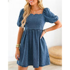 Denim Dress Babydoll Jean Square Neck Puff Sleeve Casual Country Concert Dresses With Pockets For Women 2026