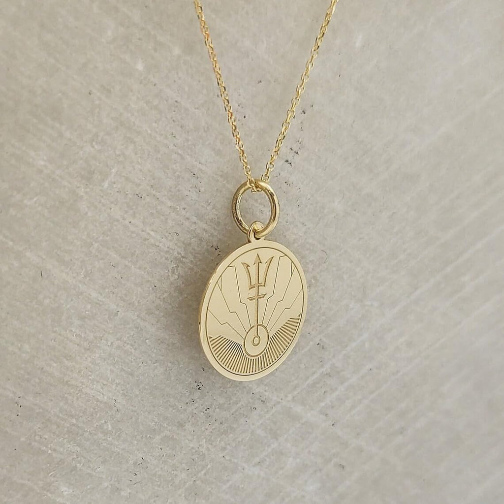 14K Solid Gold Trident Necklace – Ocean Inspired Pendant for Women & Men – Mythology Symbol Medallion Charm – Minimalist Sea Power Jewelry – Nautical Coin Necklace Gift