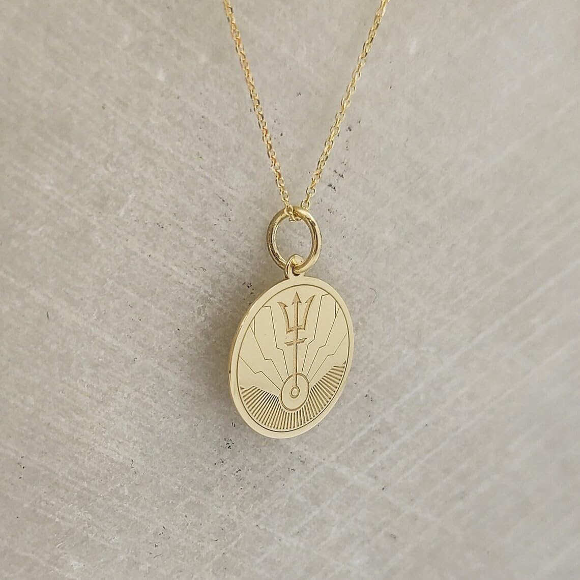 14K Solid Gold Trident Necklace – Ocean Inspired Pendant for Women & Men – Mythology Symbol Medallion Charm – Minimalist Sea Power Jewelry – Nautical Coin Necklace Gift