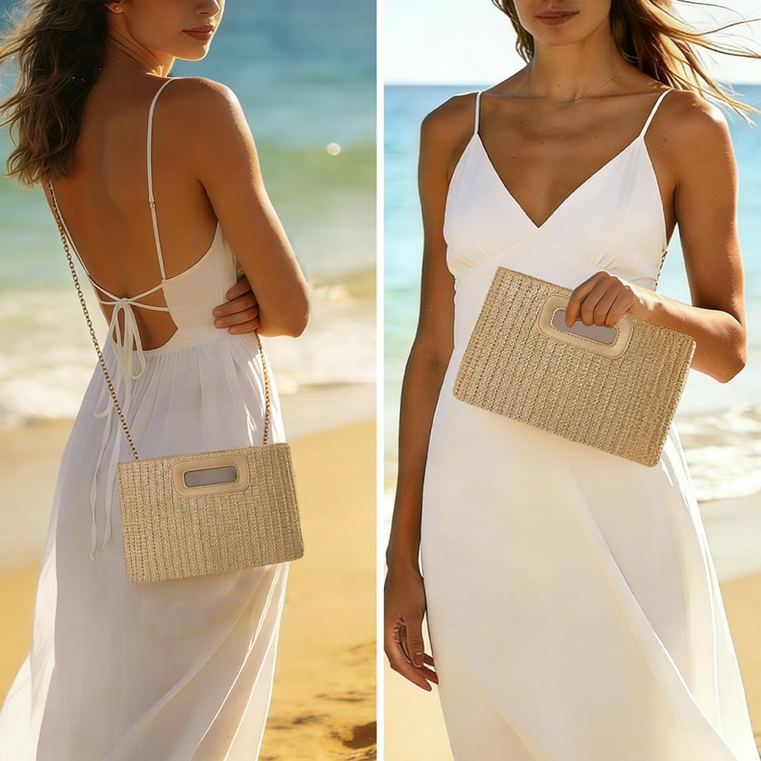 Beach Clutch Bag Straw Summer Clutch Purses for Women Handmade Woven Purse Detachable Gold Chain, Crossbody
