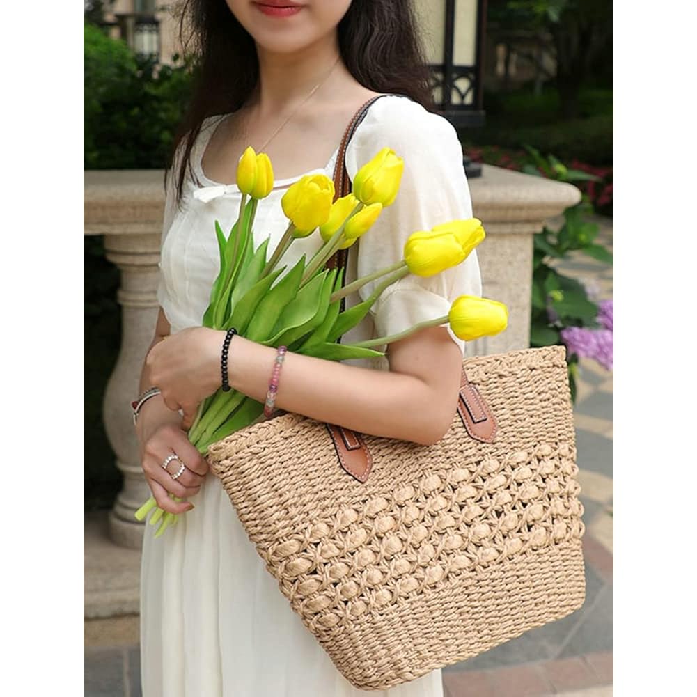 Women's Straw Shoulder Bag Large Rattan Woven Totes Summer Travel Beach Handbag Handmade Top Handle Purse