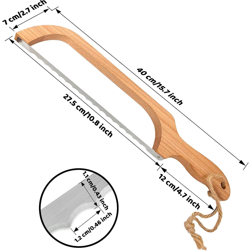ROYOROYI Bread Slicer for Homemade Bread,16" Wooden Sourdough Bread knife with Bow Design,Premium Stainless Steel Serrated Saw Bread cutter for Bagels, Baguettes and More