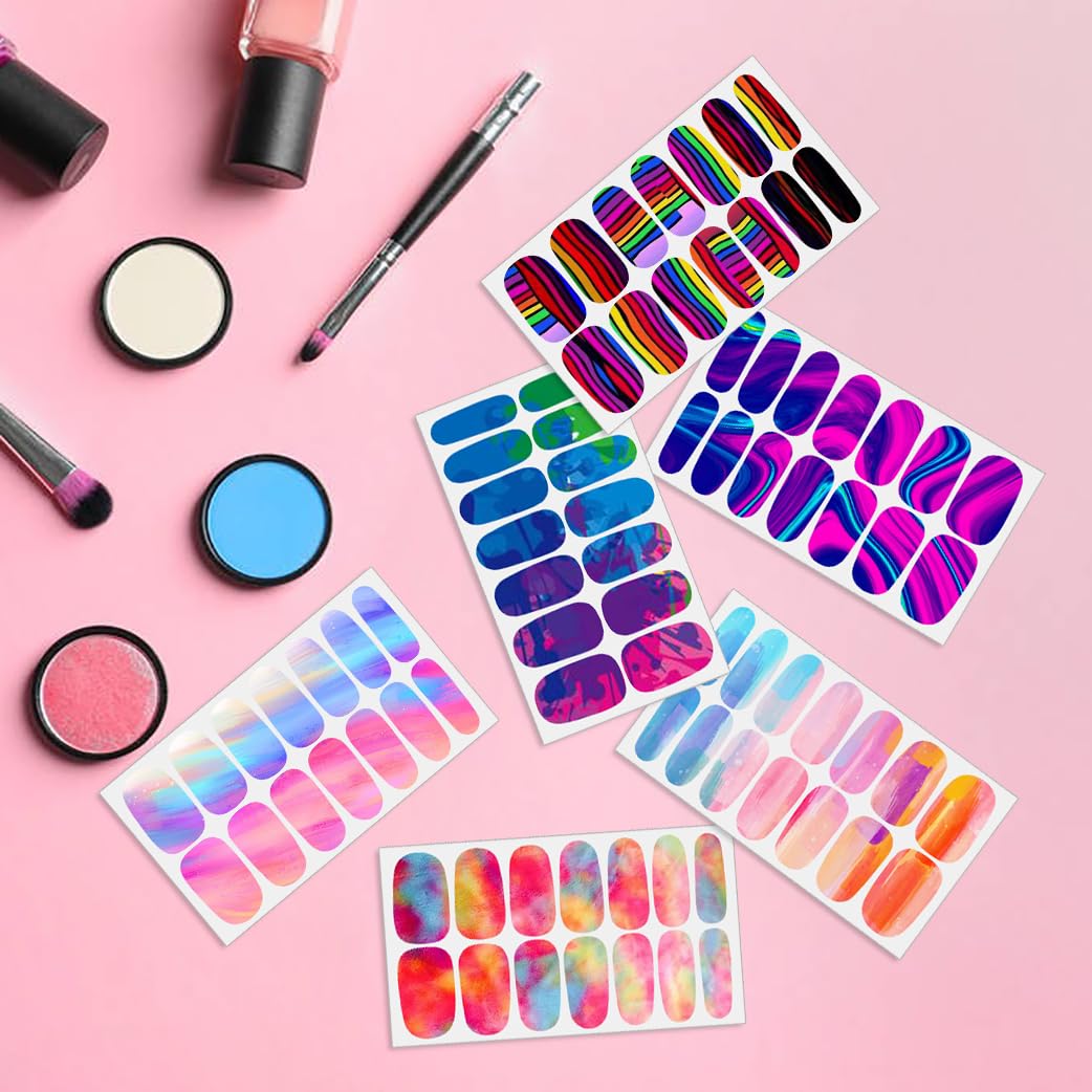 12 Sheets Aurora Gradient Color Nail Polish Strips Self-Adhesive Graffiti Cloud Rainbow Nail Stickers Full Nail Wraps for Women Kids Manicure Kit