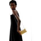 Womens Golden Glitter Clutch Purse Pleated Evening Bag for Bridal Wedding Party with Rhinestone Ring