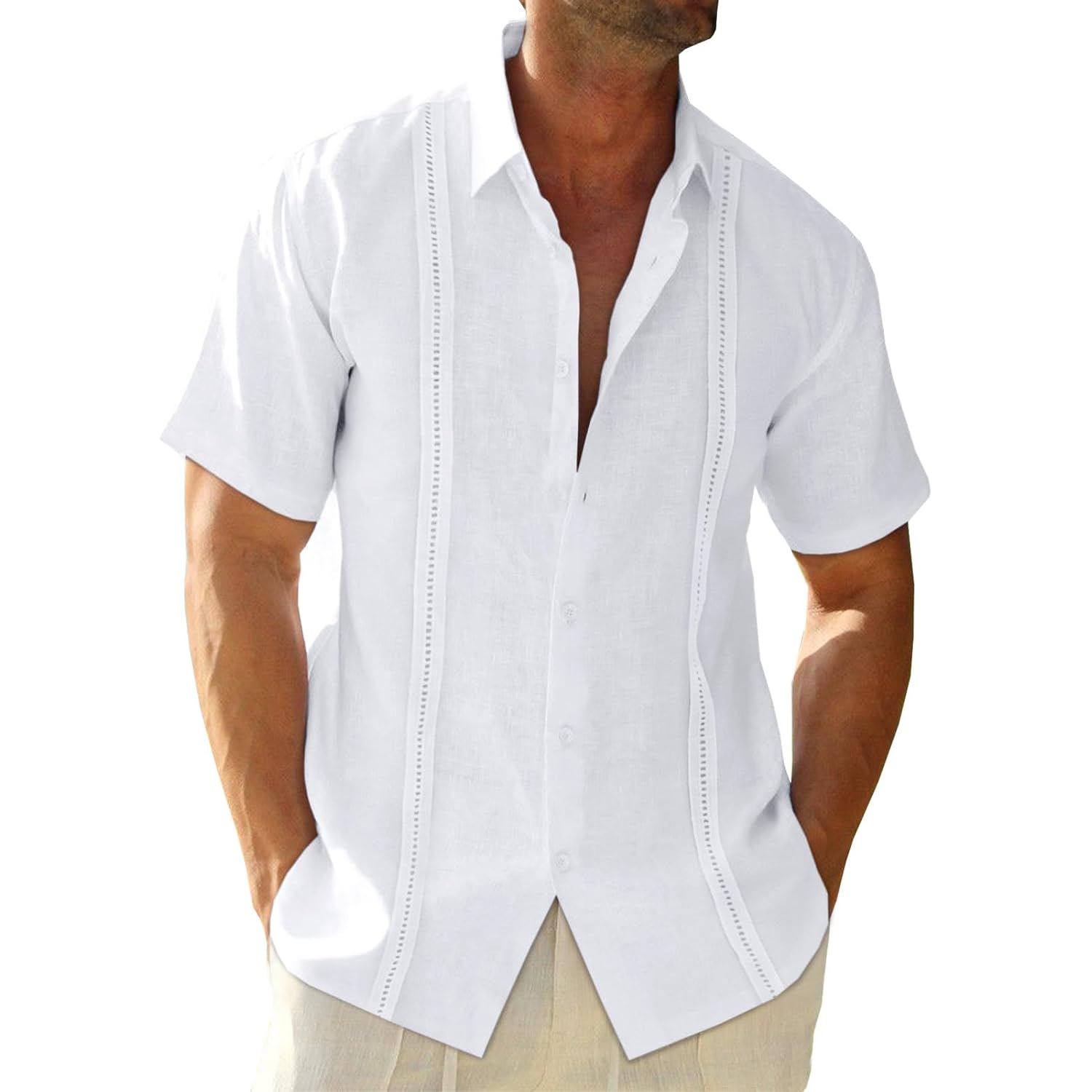 Runcati Mens Linen Cuban Guayabera Shirts Button Down Short Sleeve Shirt Cotton Hippie Summer Beach Vacation Shirts