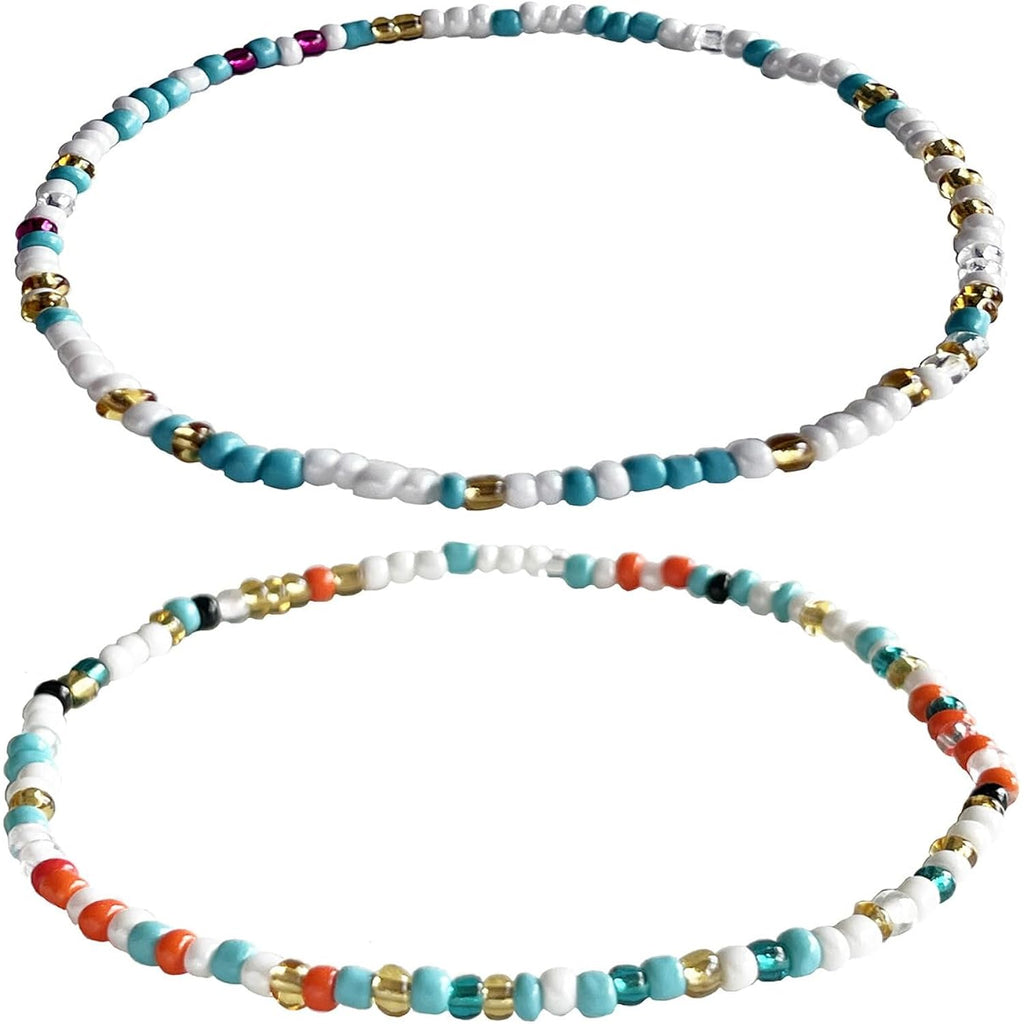 Boho Beads Anklets Set of 2pcs, Waterproof Beach Adjustable Stretch Imitation Turquoise White Pearls Bracelets for Women, Handmade Jewelry Gifts