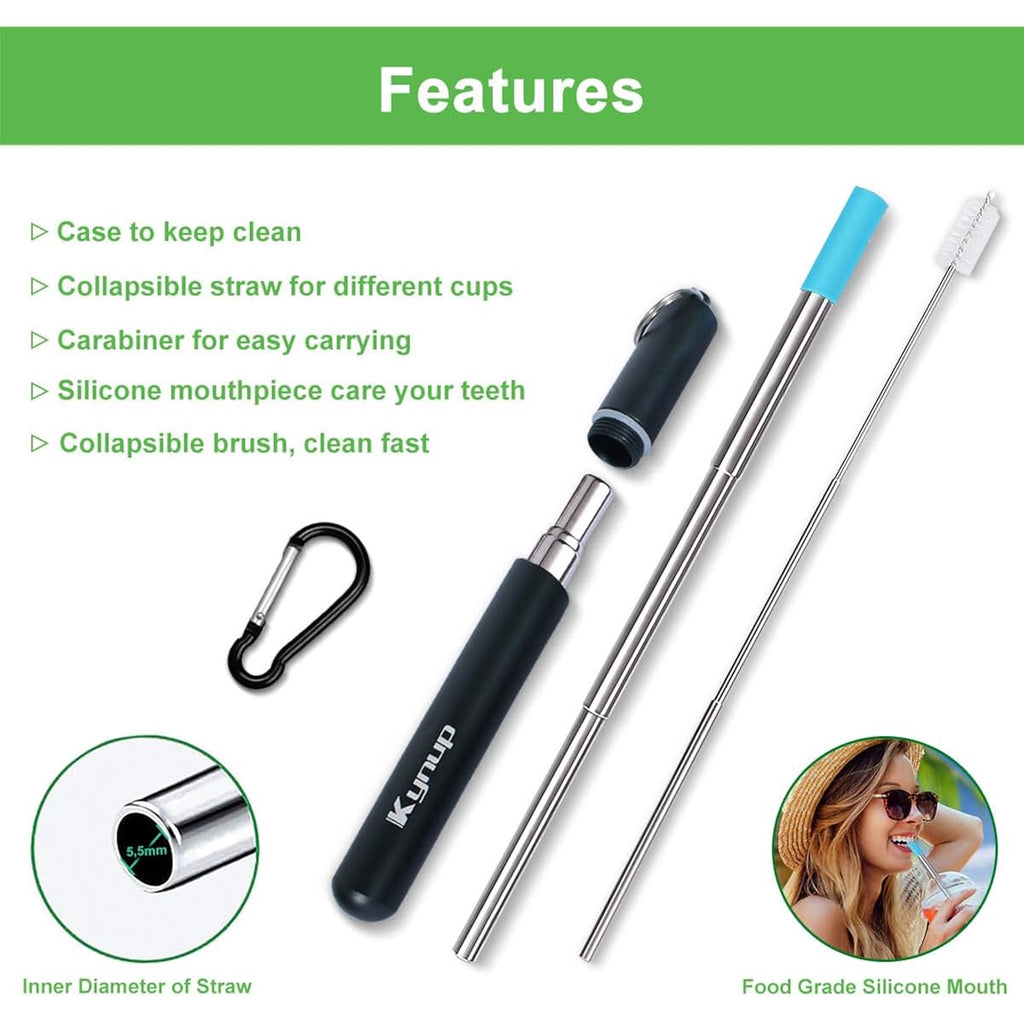 Kynup Reusable Metal Straws (4Packs), Collapsible Travel Drinking Straws With Cases, Cruise Ship Essentials, Cruise Must Haves With Silicone For Gifts (Blue-Black-Rose Gold-Silver)