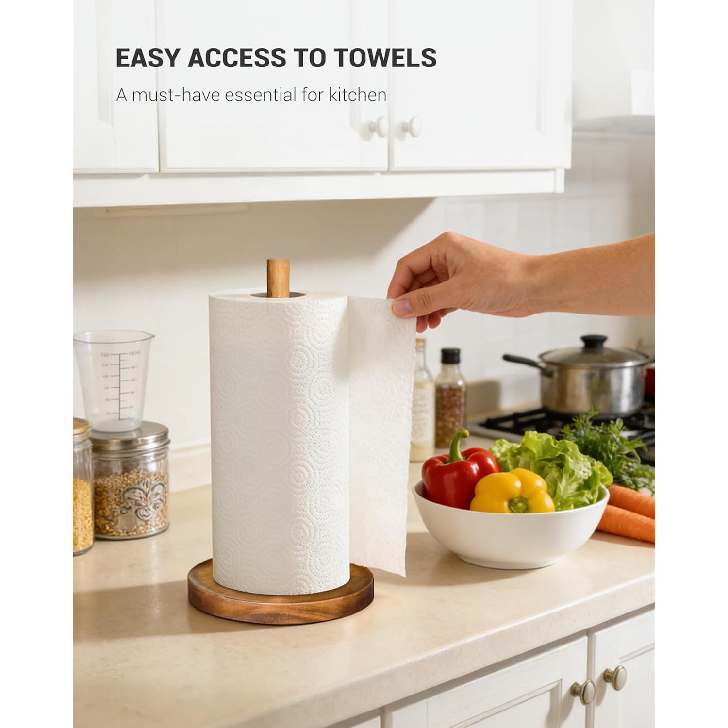 Paper Towel Holder Countertop, Wooden Standing Paper Towel Roll Stand For Rustic Farmhouse & Cottagecore Decor, Kitchen Bathroom Essential, Brown