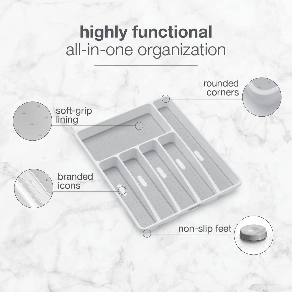 Madesmart Classic Large Silverware Tray - White |Classic Collection | 6-Compartments| Kitchen Drawer Organizer | Soft-Grip Lining And Non-Slip Rubber Feet | Bpa-Free