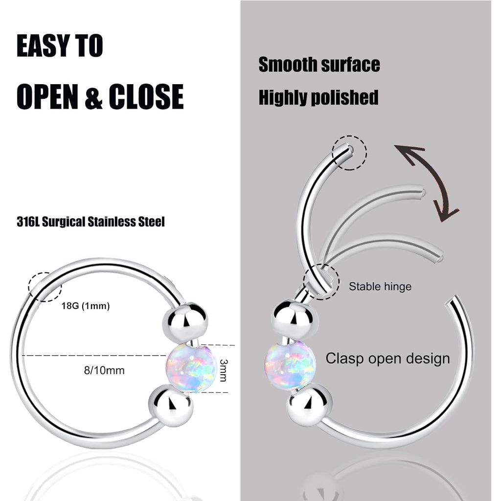 2 Pcs Small Cartilage Hoop Earrings for Women Men, 18G Opal Silver Earrings Hypoallergenic 316L Surgical Steel Hinge Huggie Hoop Earrings for Helix,Tragus,Conch,Rook,Earlobe Piercing Jewelry Nose Ring