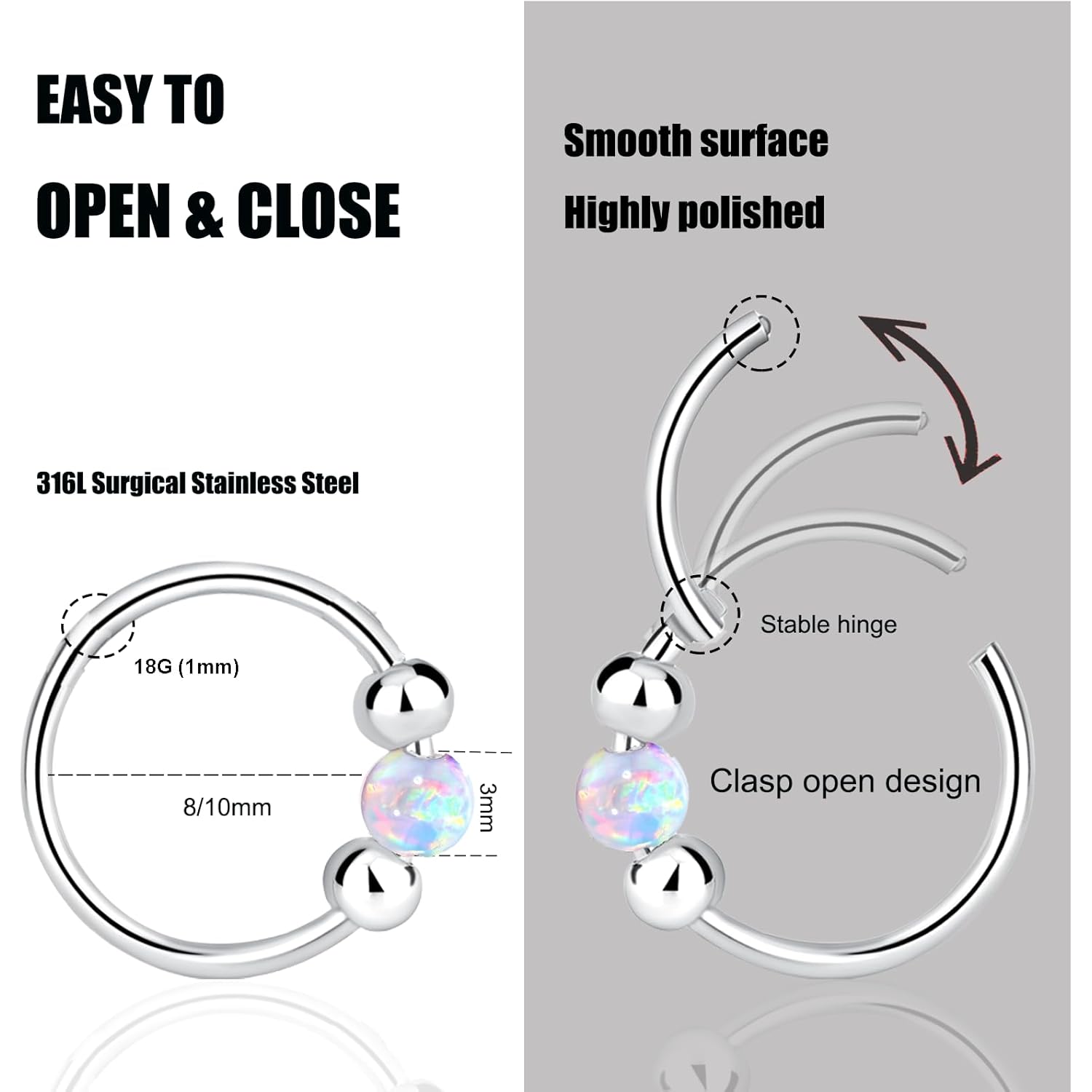 2 Pcs Small Cartilage Hoop Earrings for Women Men, 18G Opal Silver Earrings Hypoallergenic 316L Surgical Steel Hinge Huggie Hoop Earrings for Helix,Tragus,Conch,Rook,Earlobe Piercing Jewelry Nose Ring