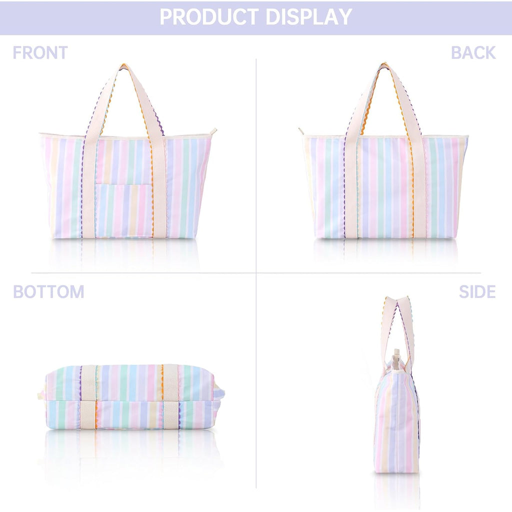 Canvas Tote Bag For Women, Rainbow Rick Rack Trim Stripe Handbag, Large Shoulder Tote With Pocket, Perfect For Everyday Use, Beach, Work And Travel