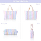 Canvas Tote Bag For Women, Rainbow Rick Rack Trim Stripe Handbag, Large Shoulder Tote With Pocket, Perfect For Everyday Use, Beach, Work And Travel