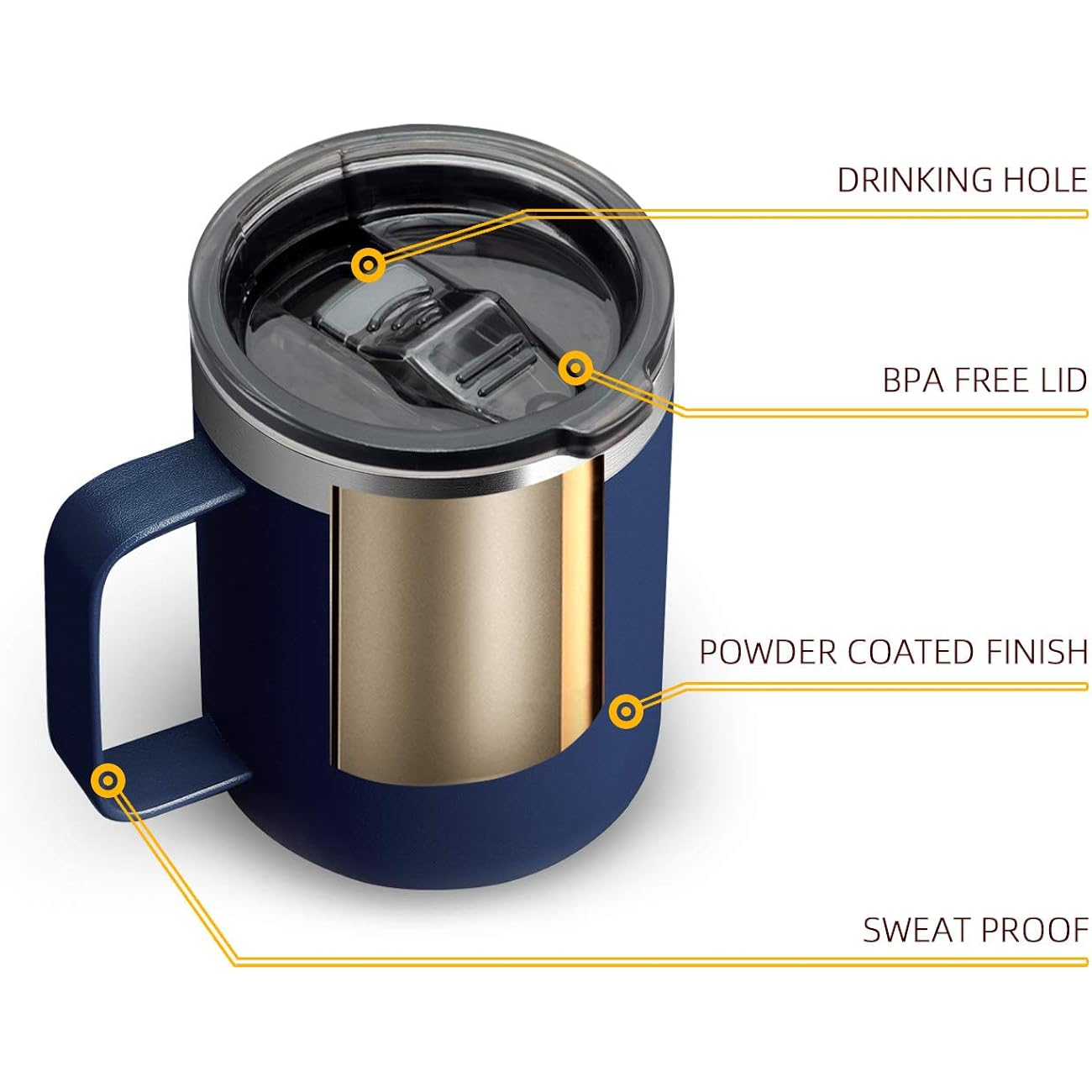 12Oz Stainless Steel Insulated Coffee Mug With Handle, Double Wall Vacuum Travel Mug, Tumbler Cup With Sliding Lid, Navy