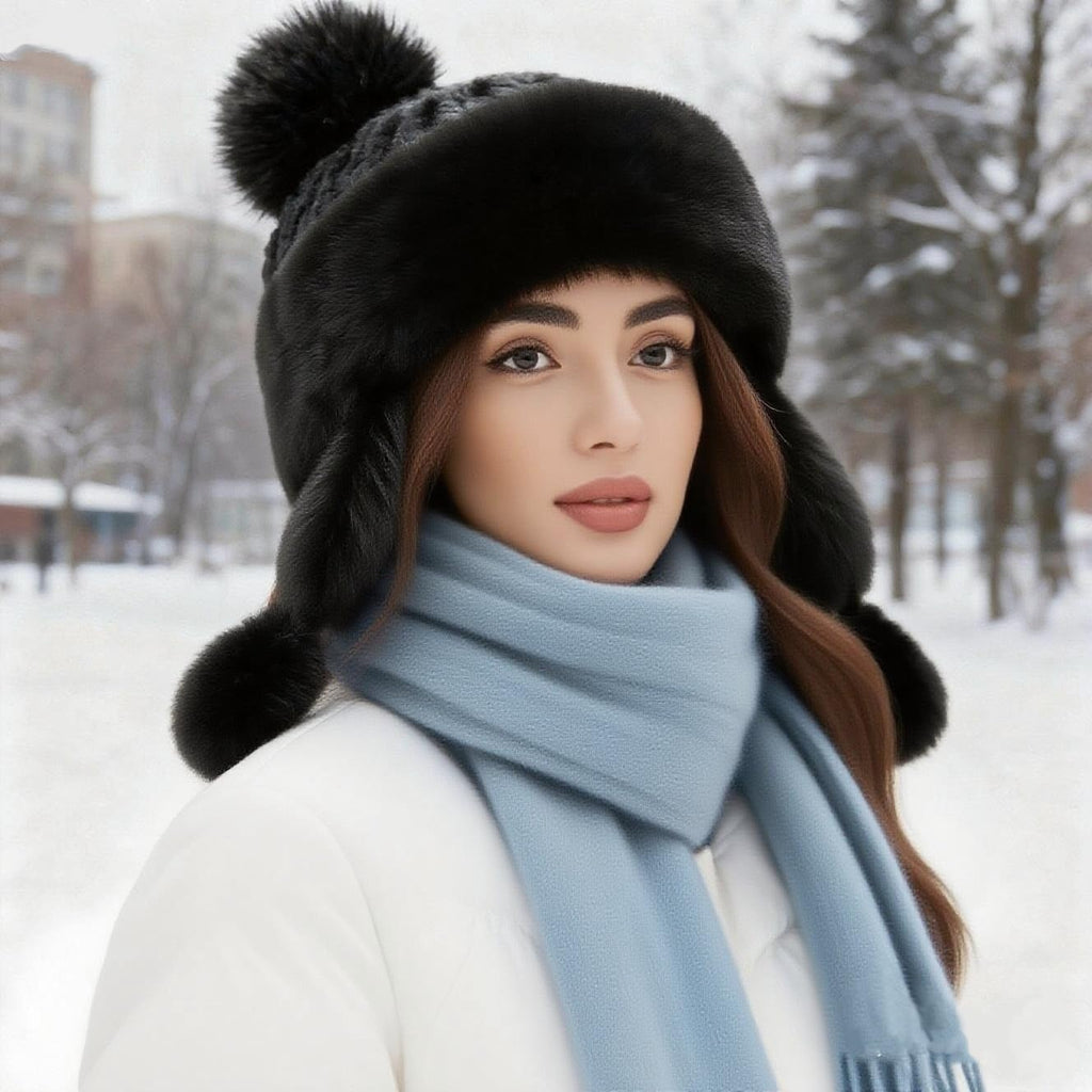 Women Faux Fur Trapper Hat Winter Warm Furry Russian Trooper Hat with Ear Flaps Windproof Ushanka Beanie Cap for Outdoor Ski