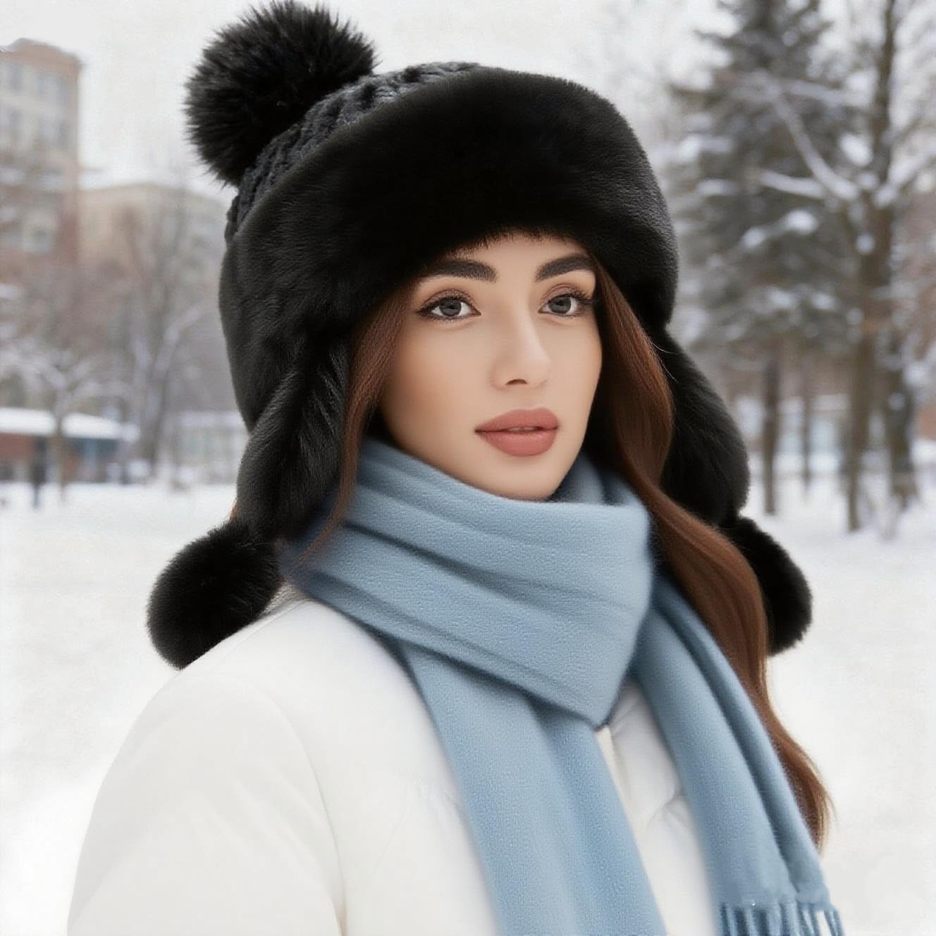 Women Faux Fur Trapper Hat Winter Warm Furry Russian Trooper Hat with Ear Flaps Windproof Ushanka Beanie Cap for Outdoor Ski