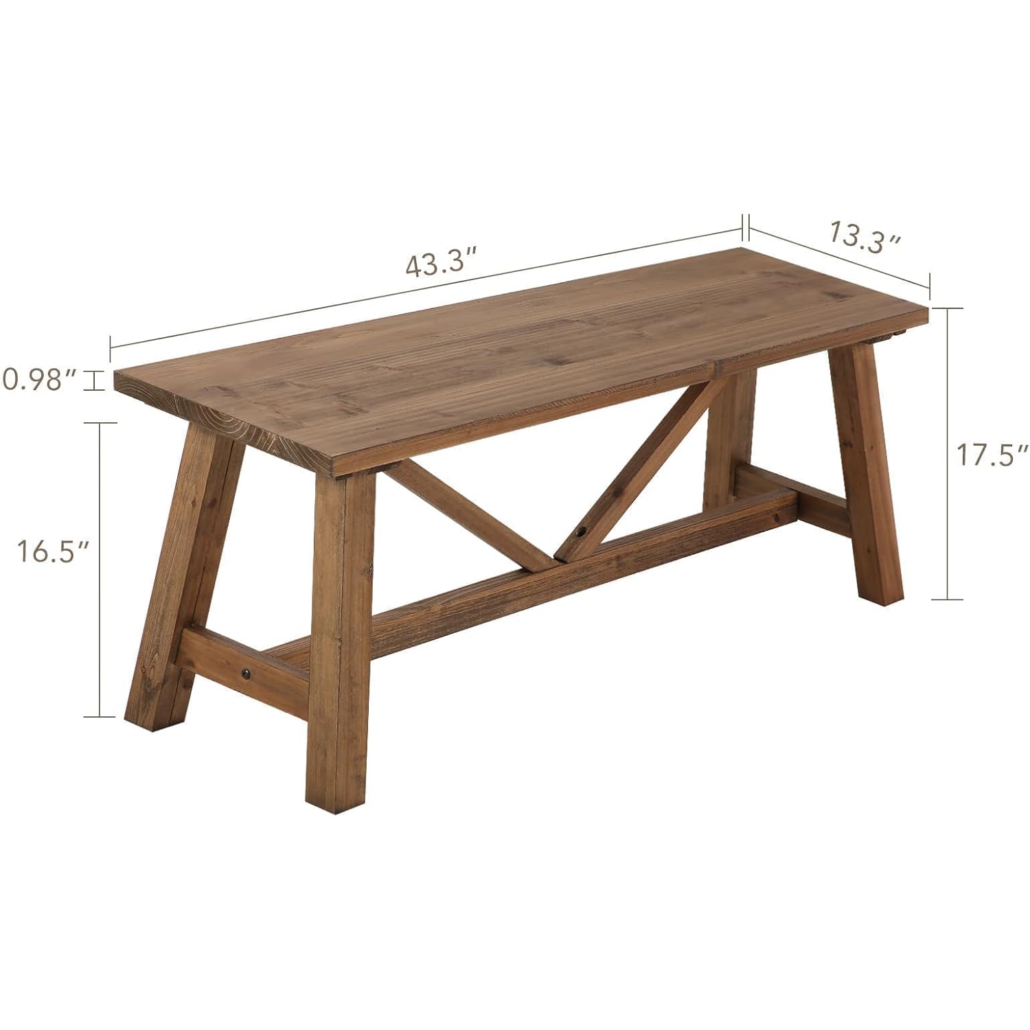 Wnutrees 43" Farmhouse Solid Wood Bench, Narrow Long Seat, Natural | Entryway Seat For End Of Bed, Living Room, Dining Area, Hallway