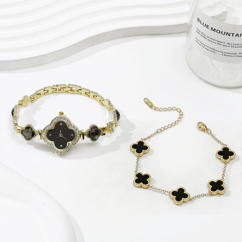2 Pieces Women Gold Watch Bracelet Set Lucky Clover Bracelet Watch Jewelry Set 18K Gold Plated Wristwatch Flower Design Four Leaf Bracelets for Women