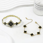 2 Pieces Women Gold Watch Bracelet Set Lucky Clover Bracelet Watch Jewelry Set 18K Gold Plated Wristwatch Flower Design Four Leaf Bracelets for Women