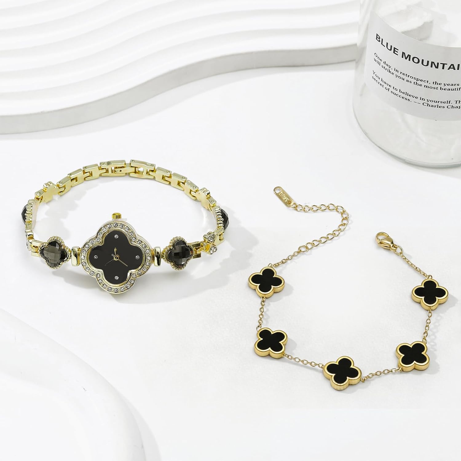 2 Pieces Women Gold Watch Bracelet Set Lucky Clover Bracelet Watch Jewelry Set 18K Gold Plated Wristwatch Flower Design Four Leaf Bracelets for Women