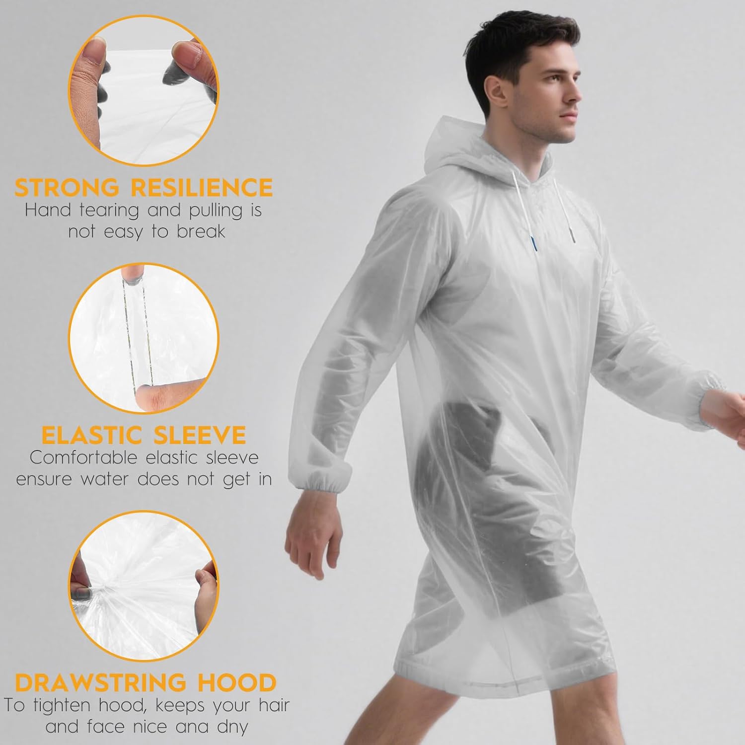 6 & 20 & 50 Pack Disposable Rain Ponchos For Adults/Youth, Waterproof Pe Raincoats With Drawstring, Camping/Emergency