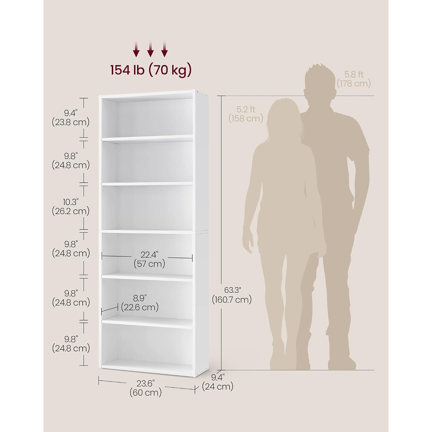 Vasagle Custos Collection - Bookshelf, 6-Tier Bookcase, Book Shelf, Open Storage Shelf, 9.4 X 23.6 X 63.3 Inches, For Living Room, Home Office, Dinning Room, Cloud White Ulbc166T14