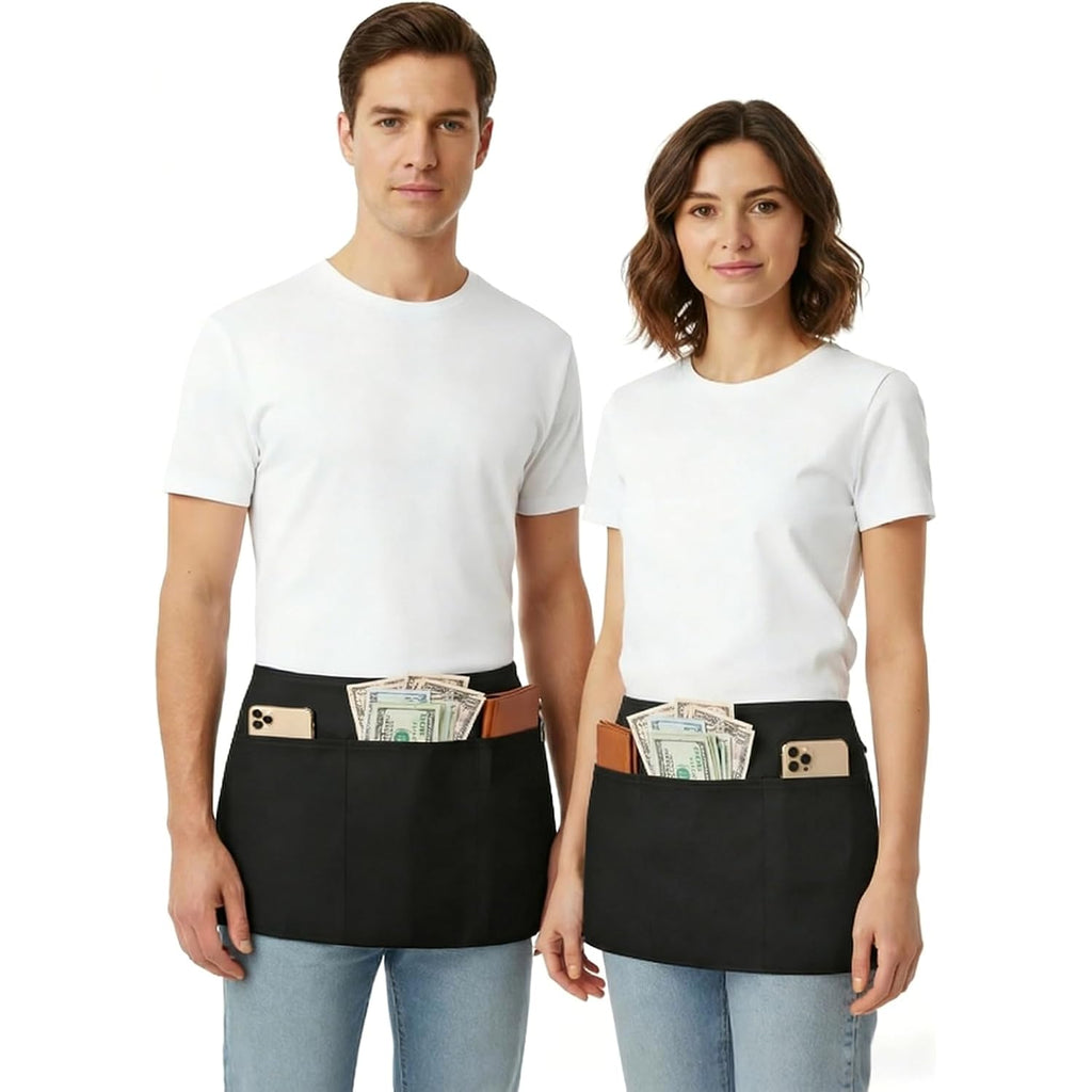 BOHARERS Waist Apron with 3 Pockets - Black Waitress Waiter Server Short Aprons