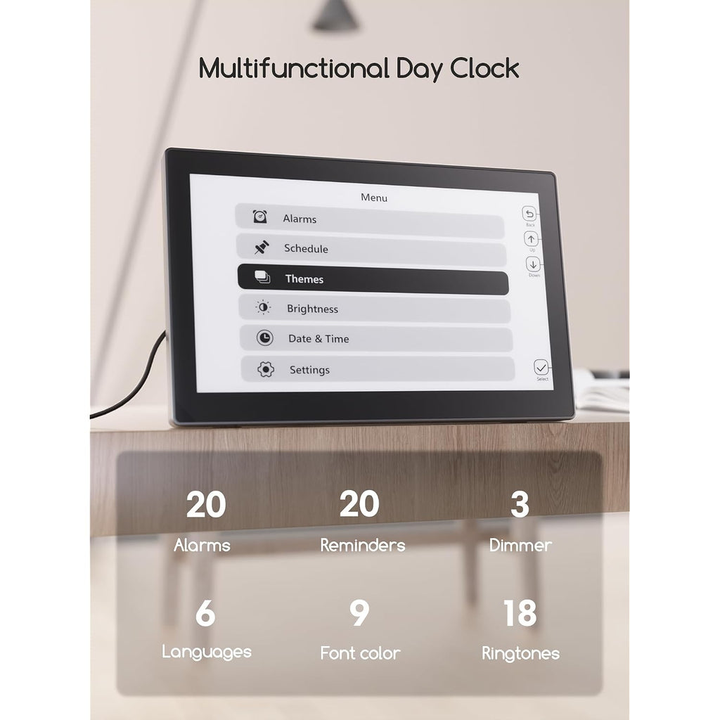 Digital Clock, 10.1 Inch Large Display Calendar Clock With 12 Themes, 20 Alarms, 20 Reminders, Auto Dimming, 12/24 Hours, Indoor Temperature, Humidity For Seniors, Desk (Black)