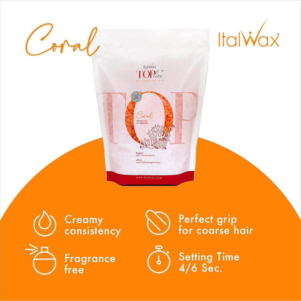 Italwax Top Line Coral Hard Wax Beads 1.65 lb (750 g) – Creamy Strong Grip Wax for Bikini & Coarse Hair, Suitable for Sensitive Skin, Professional Use – Made in Italy