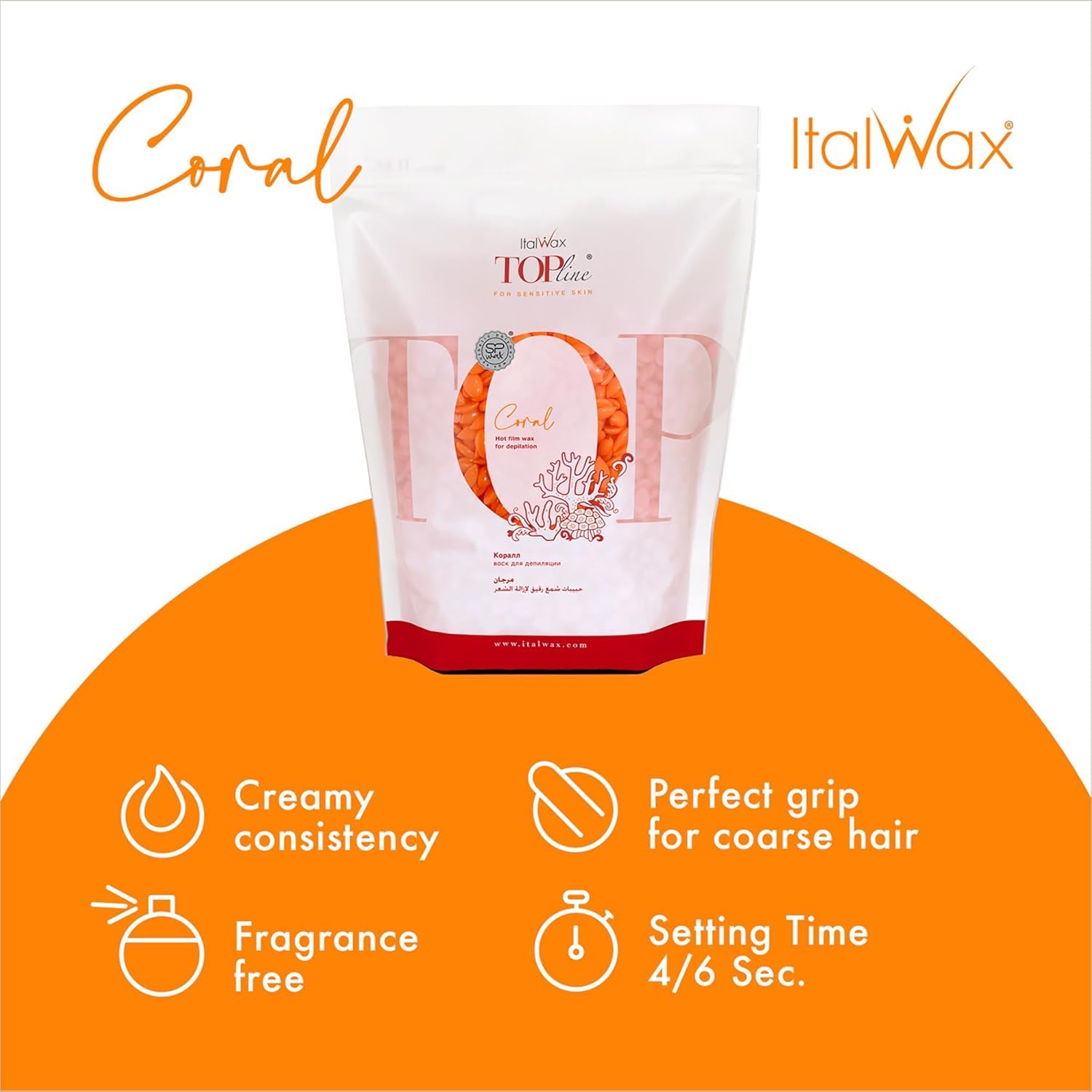 Italwax Top Line Coral Hard Wax Beads 1.65 lb (750 g) – Creamy Strong Grip Wax for Bikini & Coarse Hair, Suitable for Sensitive Skin, Professional Use – Made in Italy