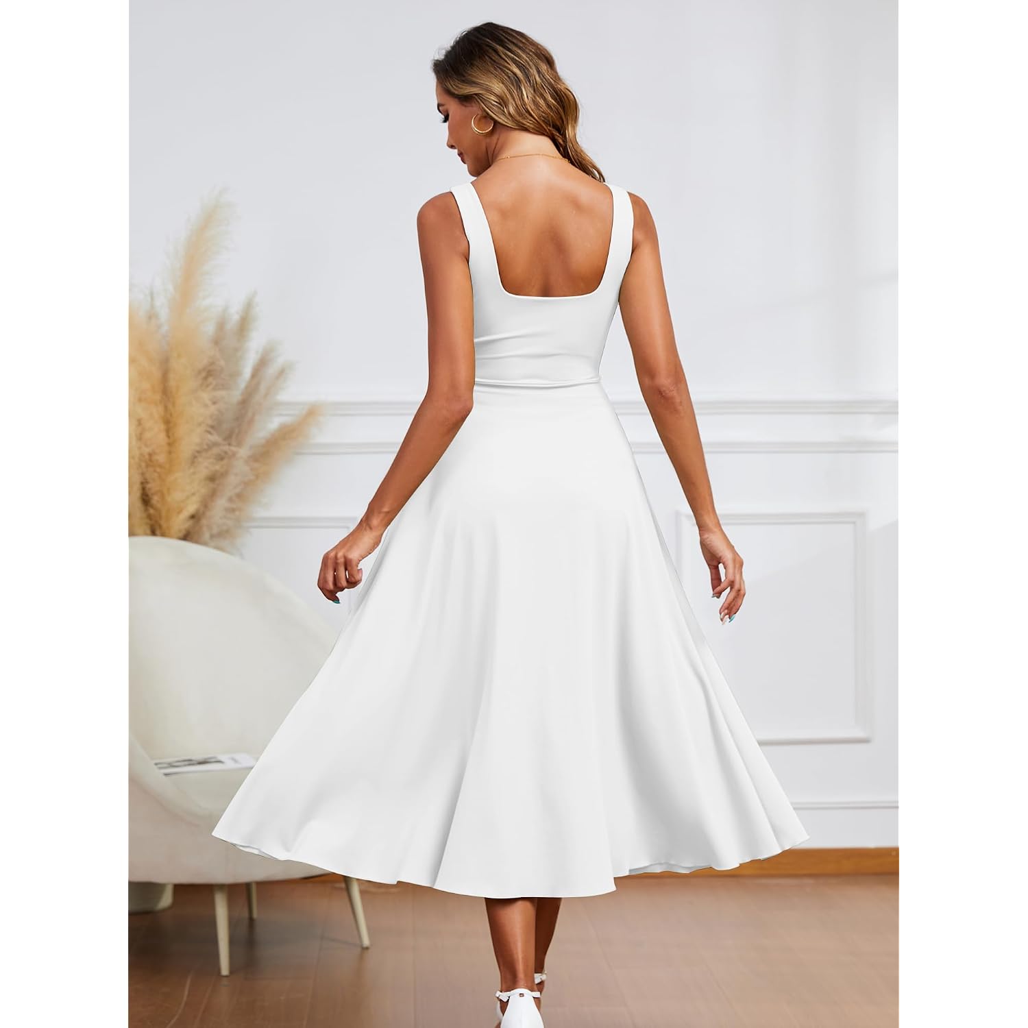 Kaximil Women'S Square Neck Sleeveless A Line Maxi Dress Smocked Ruffle Flowy Casual Long Dresses