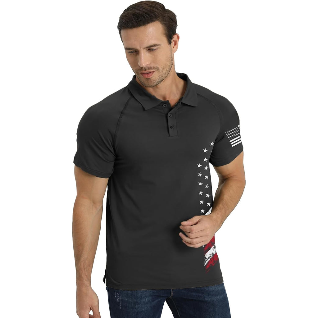 H Hyfol Short Sleeve Polo Shirts For Men Graphic Stretch Casual American Patriotic Raglan Golf Polos For Men