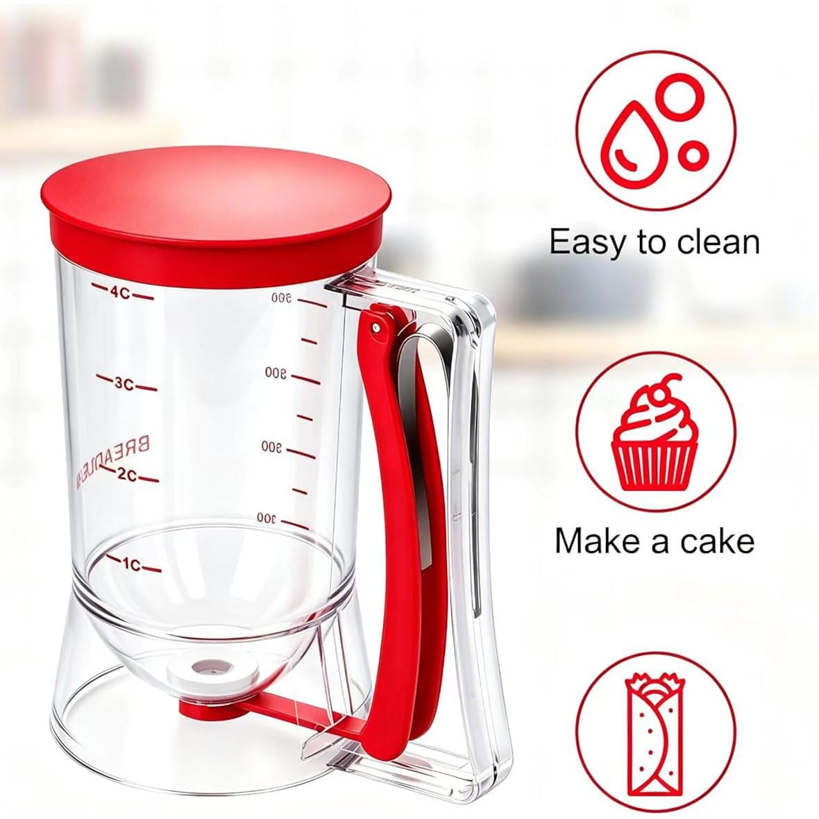 Bbstarz Pancake Batter Dispenser – 4-Cup Batter Dispenser With Squeeze Handle & Measuring Marks For Pancakes, Waffles, Muffins, Crepes & Cupcakes – Baking Tool(Red)